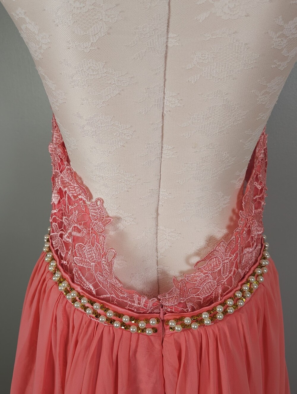 Coral Lace Mini Prom Dress Size 16 Chiffon Overskirt Train NWOT - Picture 6 of 13